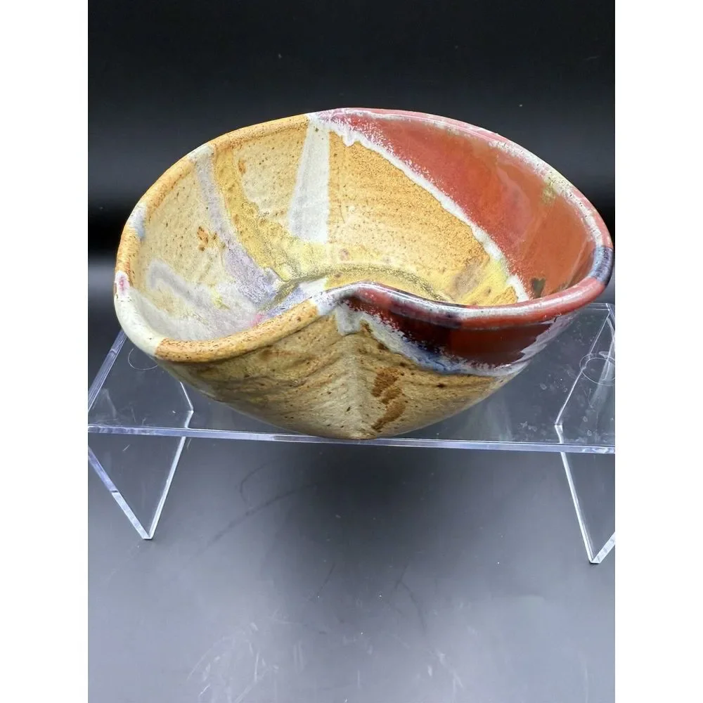 Heart Shaped Stoneware‎ Pottery Bowl Signed Glazed Multicolor Drip